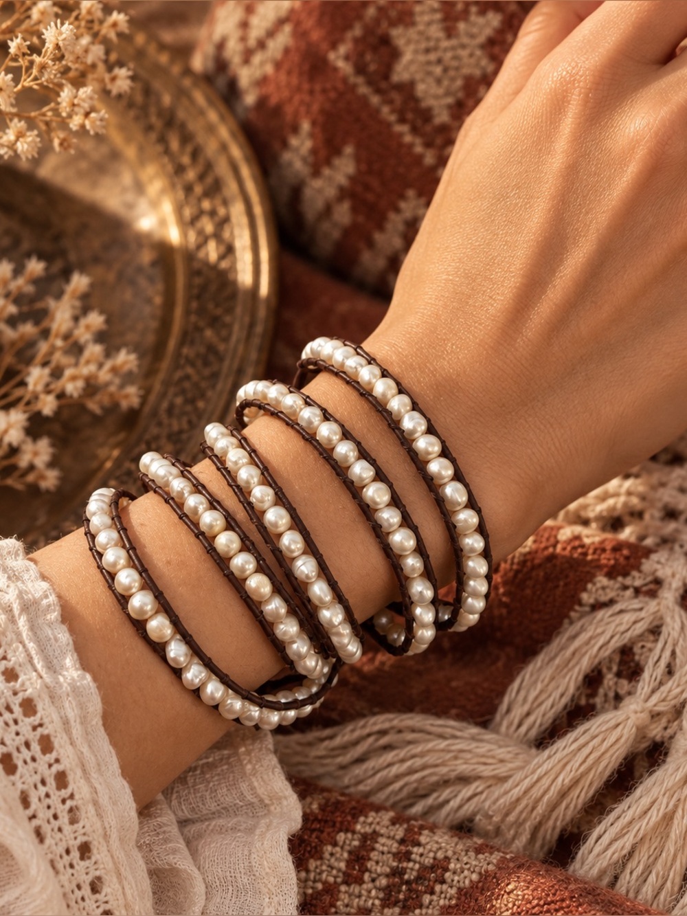 Victoria Emerson Pearl and Leather Wrap Bracelet